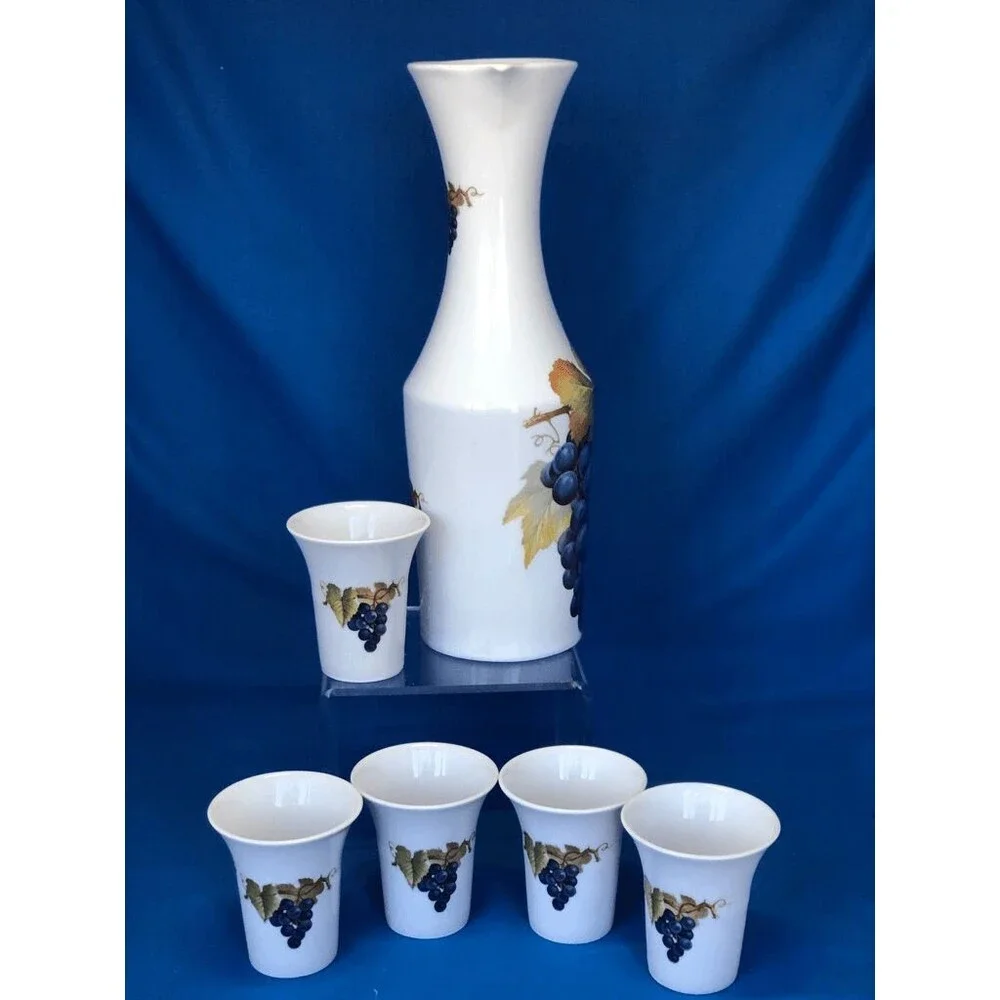 Vintage Naaman Israel Porcelain Grapes Decanter Pitcher & 5 Cups 6pc